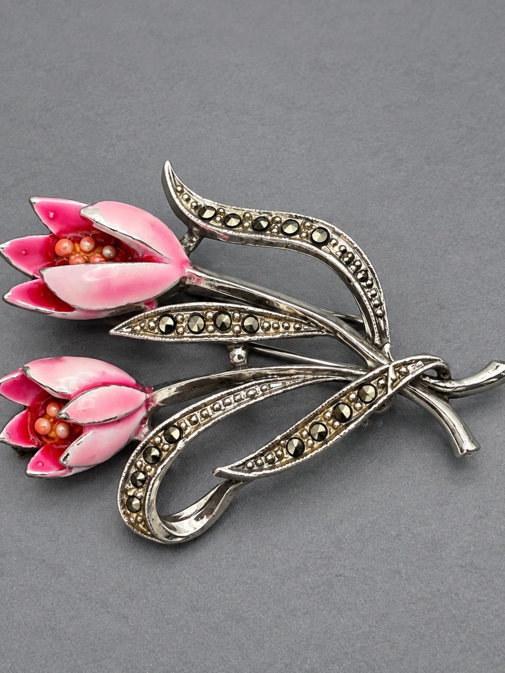 Vintage Cold Enamel Tulip Brooch with Marcasite Accents #cz183